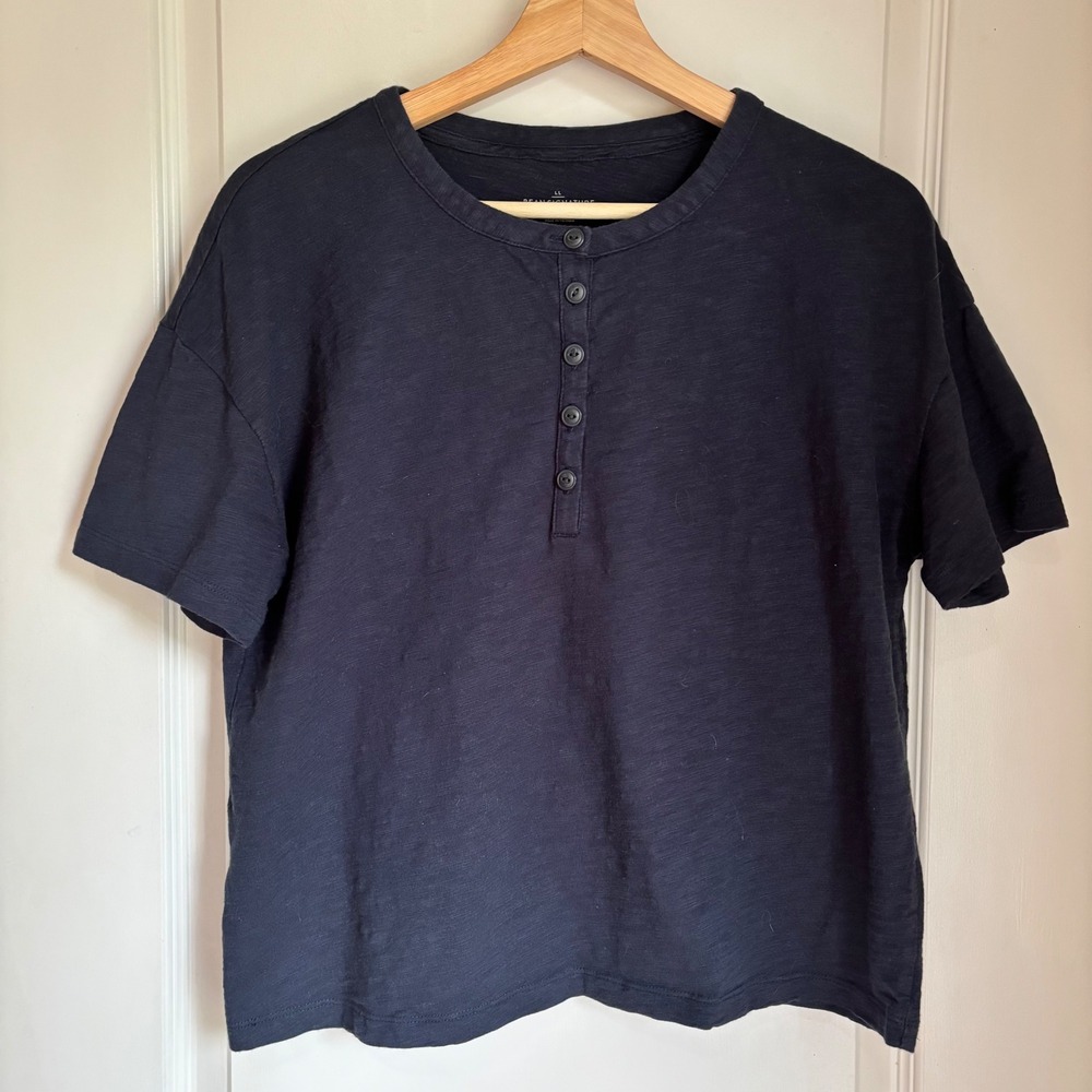 L.L. Bean Signature Womens Navy Blue Slub Cotton Henley Top S REG 521805